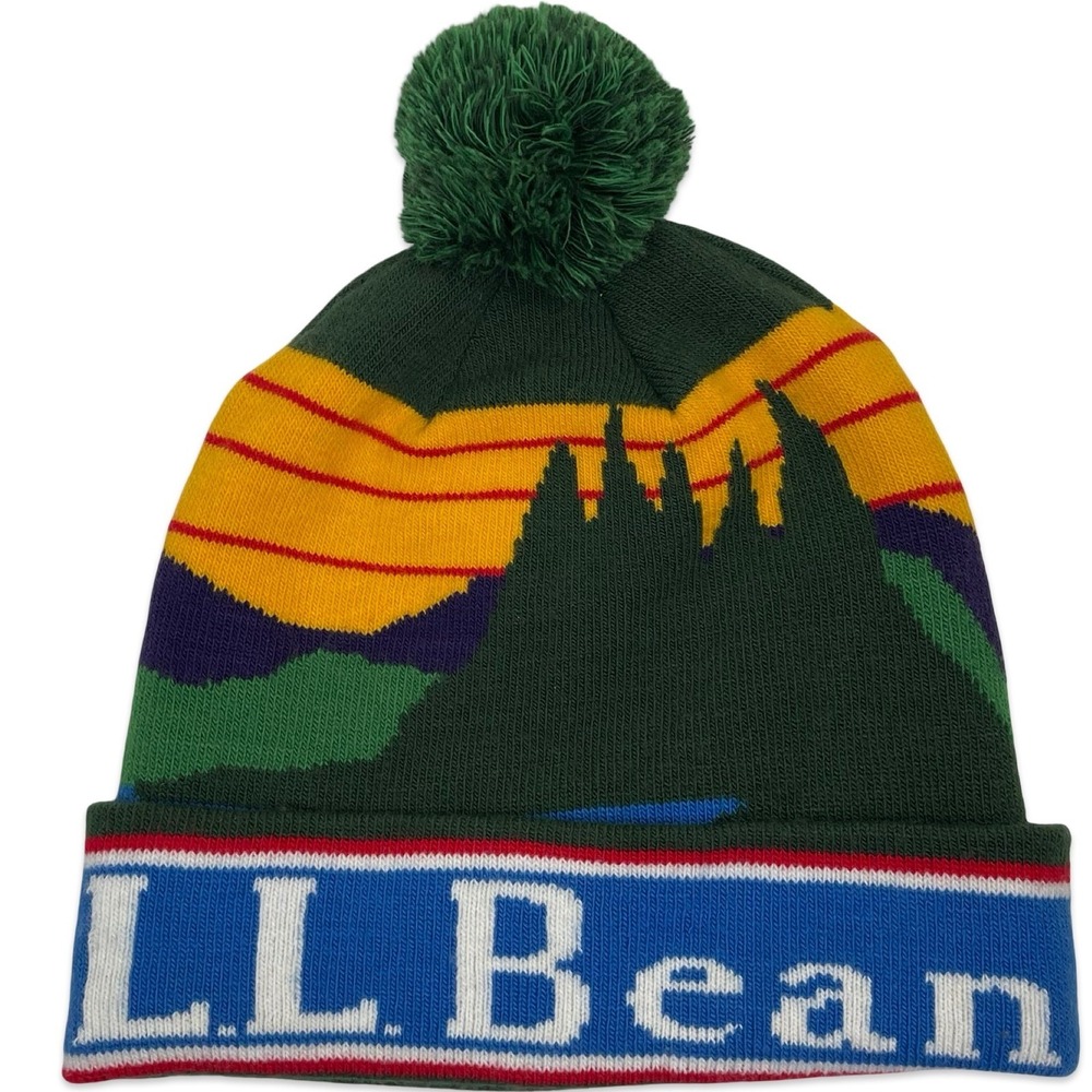L.L. Bean Beanie Hat Unisex Green Mountain Landscape Pom Cuffed Knit Ski Apres